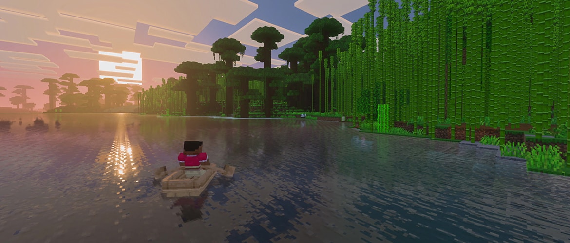 พายเรือผ่านป่าไผ่ใน Minecraft ยามพระอาทิตย์ตก